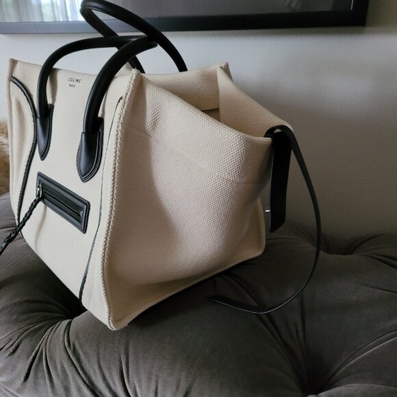 CELINE White Canvas And Black Leather trim Phantom Medium Tote Bag. - Picture 6 of 16